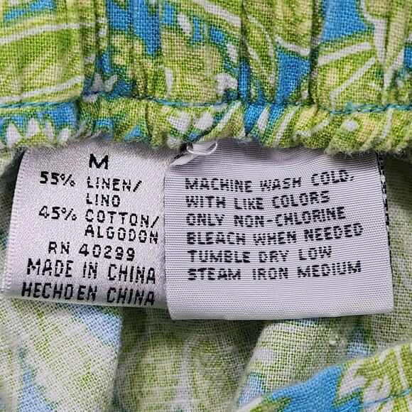 Vintage 90s Erika Pants Womens M Green Blue Leaf Print Linen Blend Pull On Crop - Picture 4 of 9